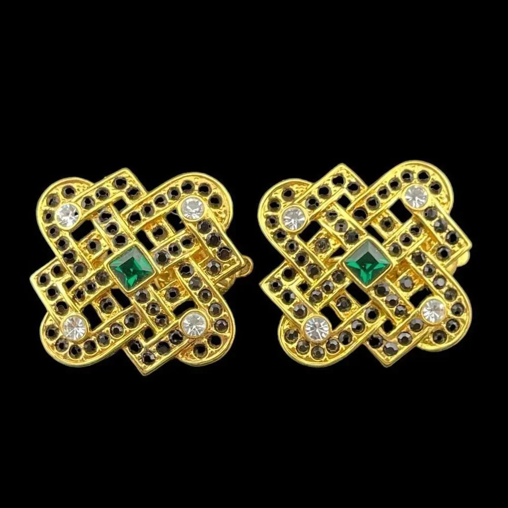 Vintage Geometric Rhinestone Clip On Earrings Gold Tone